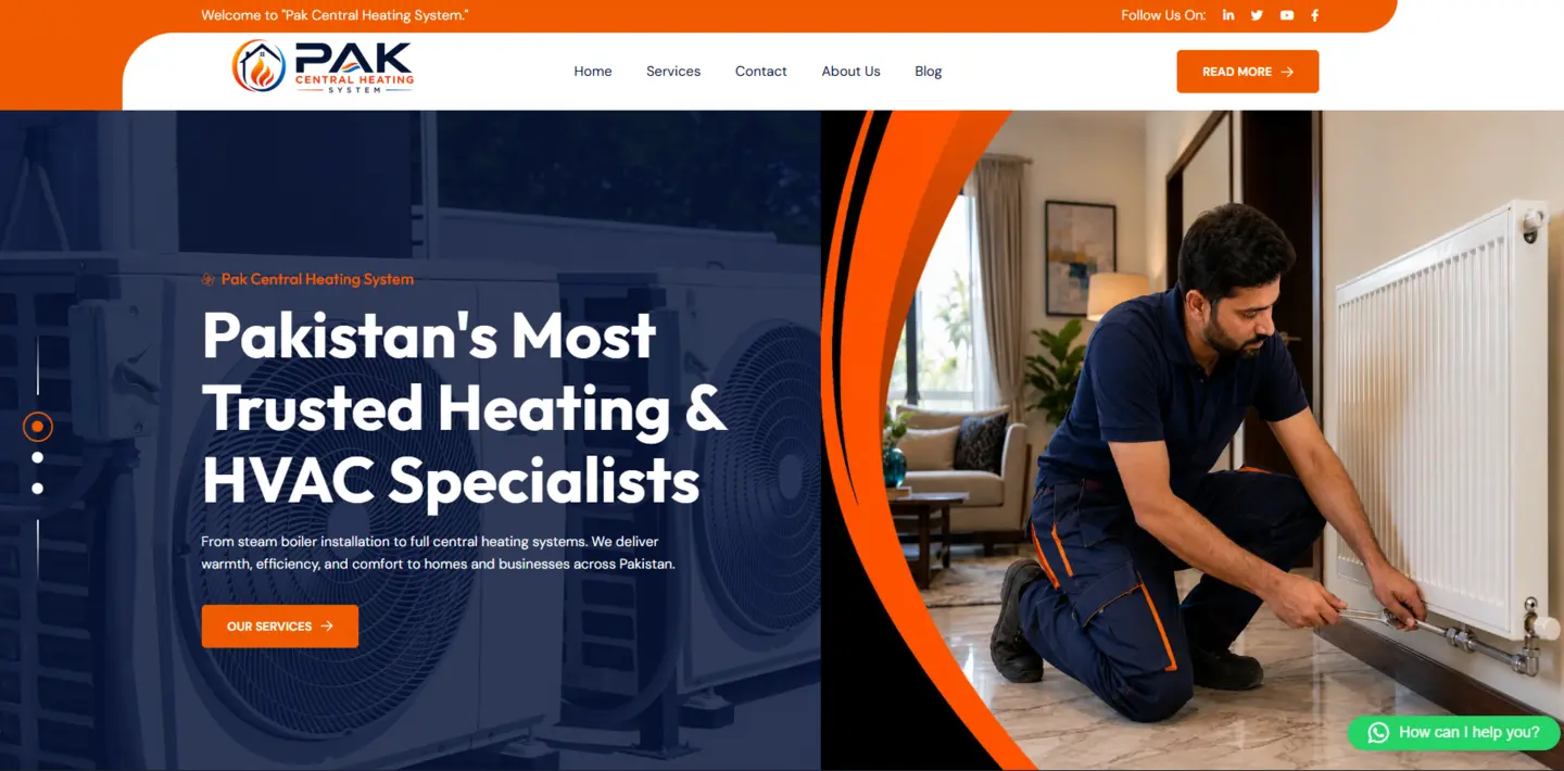 Pak Central Heating System live homepage presenting heating and HVAC services