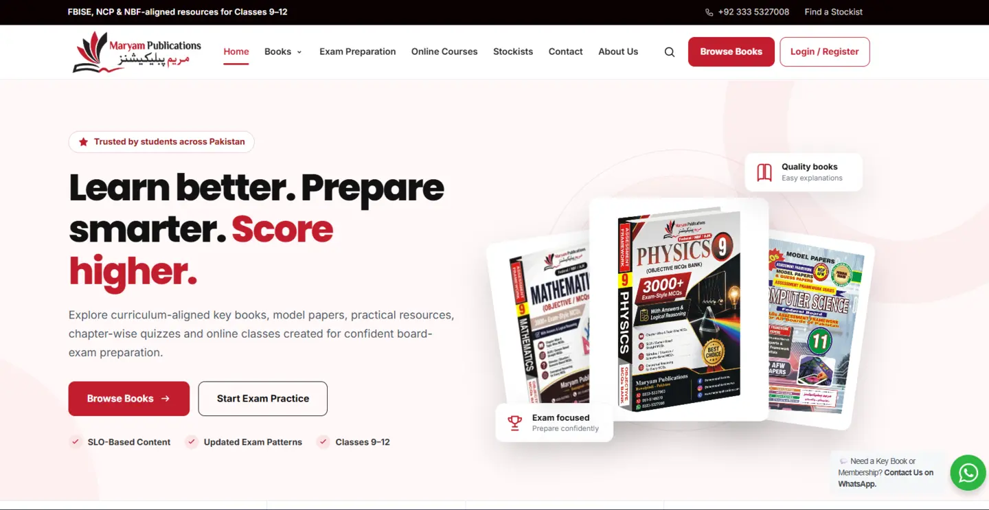Maryam Publications live homepage with curriculum resources, book products and learning calls to action