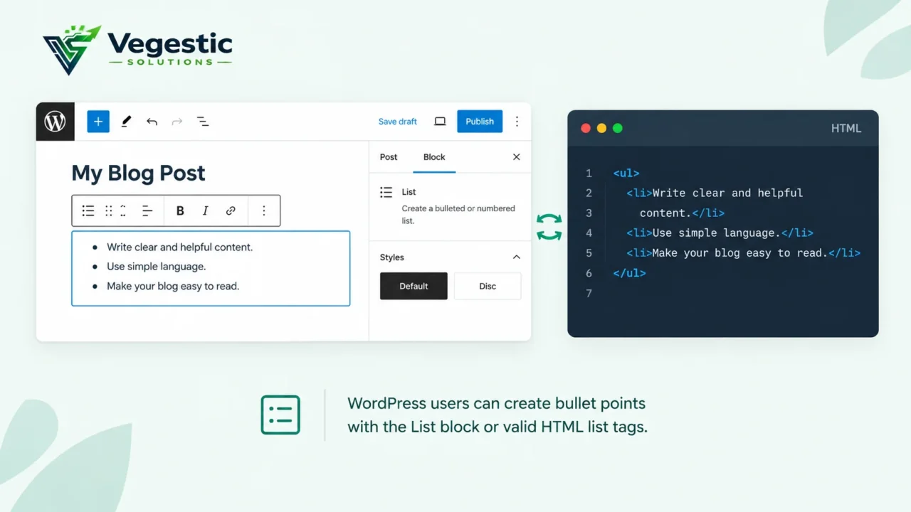 WordPress List block displaying bullet points beside valid HTML list code