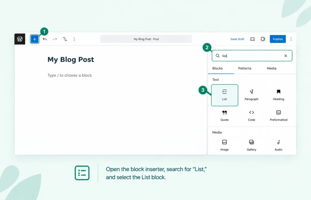 WordPress Block Editor showing the List block in the block inserter