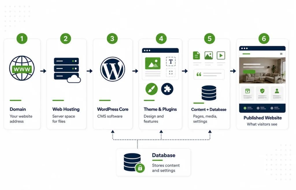 Diagram showing how domain, hosting, WordPress, themes, plugins, content, and database create a website