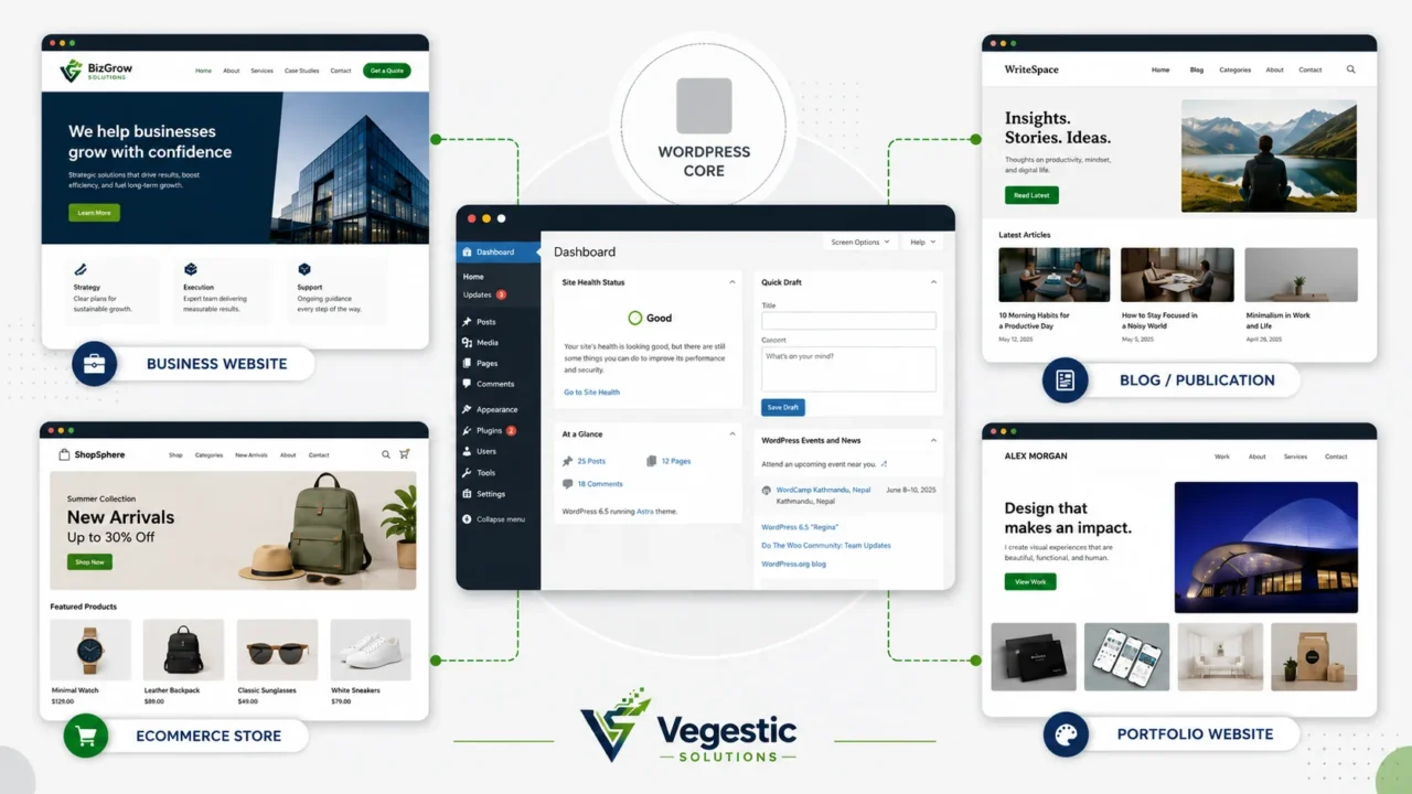 WordPress dashboard connected to business website, blog, online store, and portfolio examples