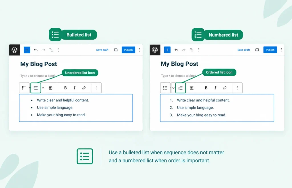 WordPress List block toolbar showing bulleted and numbered list options